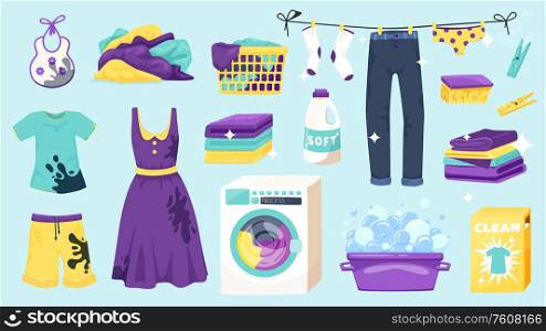 Laundry set of isolated icons and colourful goods images with hanging drying clothes and washing machine vector illustration