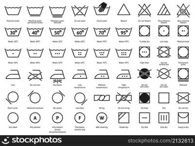 Laundry textile care instruction, textile washing and ironing signs. Machine, hand wash signs, dry cleaning and bleaching guide vector. Care clothes signs. Illustration of laundry icons instruction. Laundry textile care instruction symbols, textile washing and ironing signs. Machine, hand wash signs, dry cleaning and bleaching guide vector symbols set. Care clothes signs