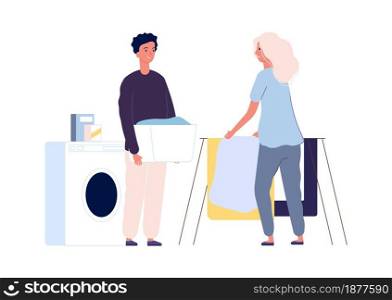 Laundry time. Couple make washing clothing. Happy man and woman in bathroom with wash mashine vector illustration. Laundry clothes, illustration housework together wash chores. Laundry time. Couple make washing clothing. Happy man and woman in bathroom with wash mashine vector illustration