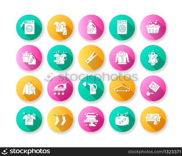 Laundry types and equipment flat design long shadow glyph icons set. Laundromat, wet and dry cleaning, express laundry. Washing and ironing household appliances. Silhouette RGB color illustrations