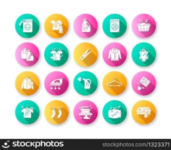 Laundry types and equipment flat design long shadow glyph icons set. Laundromat, wet and dry cleaning, express laundry. Washing and ironing household appliances. Silhouette RGB color illustrations