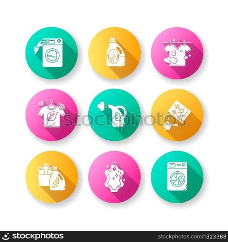 Laundry types flat design long shadow glyph icons set. Coin wash service, washing machine, steam and eco dry cleaning. Laundry detergents and fabric care agents. Silhouette RGB color illustrations