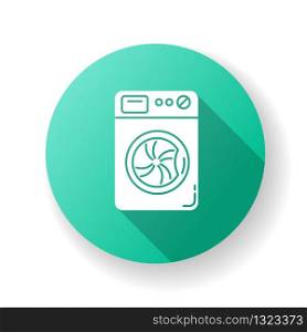 Laundry, washing machine green flat design long shadow glyph icon. Washer, household appliance. Domestic equipment, launderette, electronic apparatus. Silhouette RGB color illustration