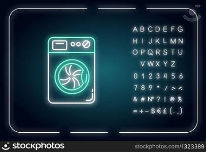 Laundry, washing machine neon light icon. Washer, household appliance, launderette. Outer glowing effect. Sign with alphabet, numbers and symbols. Vector isolated RGB color illustration