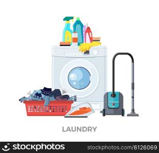 Laundry washing machine, vacuum and detergents. Laundry and laundry basket, washing machine, washing and laundry service, detergent and vacuum, cleaner laundry, clean machine cloth vector illustration