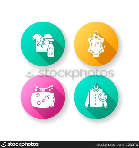 Laundry, washing types flat design long shadow glyph icons set. Leather dry cleaning and stain removal, express laundry and pillow cleaning. Clothing care services. Silhouette RGB color illustrations