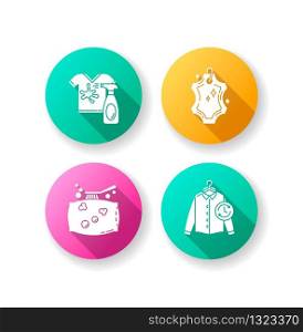 Laundry, washing types flat design long shadow glyph icons set. Leather dry cleaning and stain removal, express laundry and pillow cleaning. Clothing care services. Silhouette RGB color illustrations