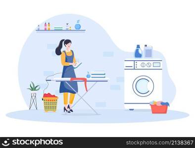 Laundry with Wash and Drying Machines in Flat Background Illustration. Dirty Cloth Lying in Basket and Women are Washing Clothes for Banner or Poster