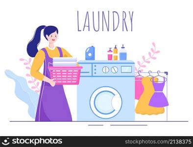 Laundry with Wash and Drying Machines in Flat Background Illustration. Dirty Cloth Lying in Basket and Women are Washing Clothes for Banner or Poster