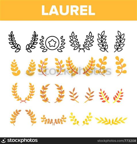Laurel Branches Wreath Vector Color Icons Set. Laurel Leaves Linear Symbols Pack. Achievement And Success, Award And Victory. Greek Roman Crown, Winner Prize Isolated Flat Illustrations. Laurel Branches Wreath Vector Color Icons Set