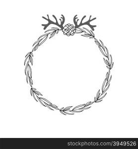 Laurel wreath with brunch, horn and flowers. Decorative element at engraving style.