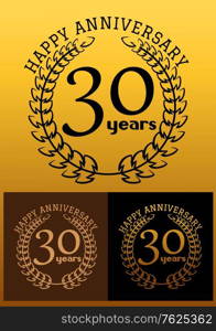 "Laurel wreathes in three variations for anniversary and heraldry design with text "Happy Anniversary 30 years". These icons depicts the completion of 30 years or 3 decades. 30 years anniversary signs"