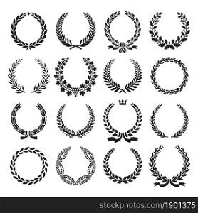 Laurel wreaths. Crest wreath, laurels leaves on branches. Winner icons, victory award logos. Greek branching circle medal tidy vector emblems on white. Laurel wreaths. Crest wreath, laurels leaves on branches. Winner icons, victory award logos. Greek branching circle medal tidy vector emblems