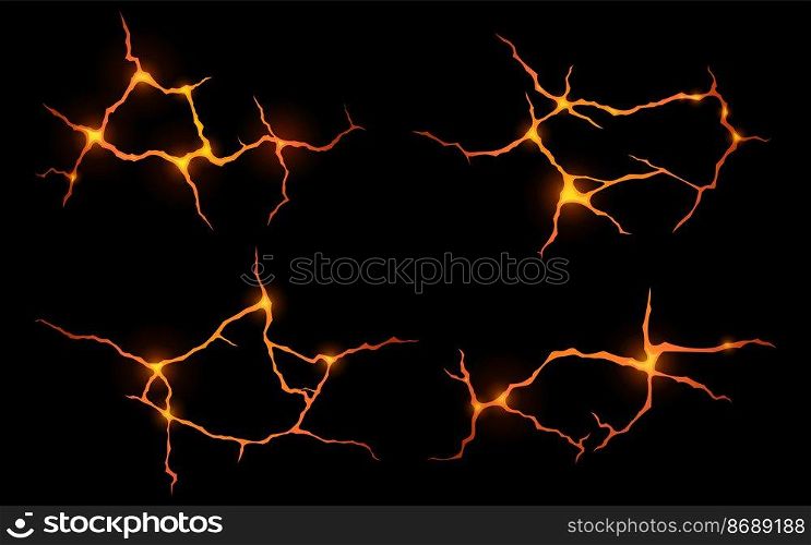 Lava in ground cracks top view, volcano magma glow texture in cracking holes, ruined land surface. Damage fissure effect after earthquake disaster isolated on black background, Realistic 3d vector set. Lava in ground cracks top view, volcano magma