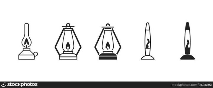 Lava l&icons set on light background. C&ing and kerosene l&s. Hike sign. Cozy concept.