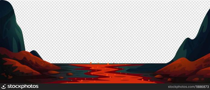 Lava river, fantasy landscape with red fire river. Vector illustration in flat cartoon style.. Lava river, fantasy landscape with red fire river. Vector illustration in flat cartoon style