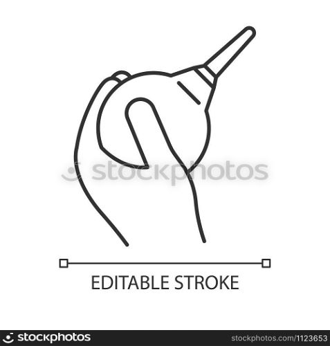 Lavement linear icon. Enema. Clyster. Medical procedure. Constipation help. Douche for injection. Hygiene. Thin line illustration. Contour symbol. Vector isolated outline drawing. Editable stroke