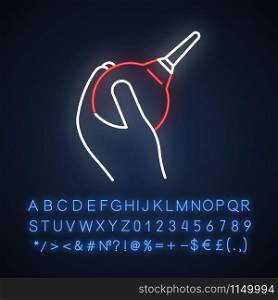 Lavement neon light icon. Enema. Clyster. Medical nonsurgical procedure. Constipation help. Douche for injection. Hygiene. Glowing sign with alphabet, numbers and symbols. Vector isolated illustration