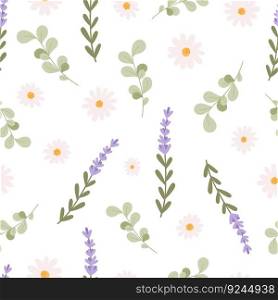 Lavender chamomile eucalyptus seamless pattern. Cute cozy herbal fabric print. Medicinal herbs and flowers. Wild meadow herbs vector background of lavender background, chamomile pattern illustration. Lavender chamomile eucalyptus seamless pattern. Cute cozy herbal fabric print. Medicinal herbs and flowers. Wild meadow herbs vector background