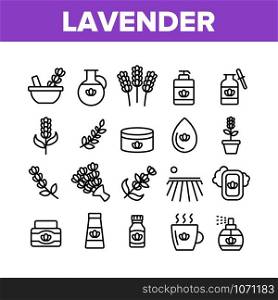 Lavender Collection Elements Icons Set Vector Thin Line. Lavender Flower And Drop, Container With Cosmetic Creme And Bottle With Perfume. Concept Linear Pictograms. Monochrome Contour Illustrations. Lavender Collection Elements Icons Set Vector