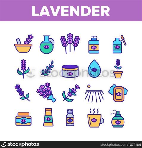 Lavender Collection Elements Icons Set Vector Thin Line. Lavender Flower And Drop, Container With Cosmetic Creme And Bottle With Perfume. Concept Linear Pictograms. Color Illustrations. Lavender Collection Elements Icons Set Vector