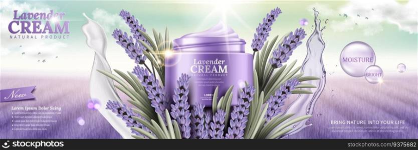 Lavender cream with flowers and splashing liquids leaves on purple field background in 3d illustration. Lavender cream ad