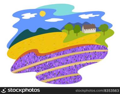 Lavender field. Summer bright landscape. Sky, mountains, fields and trees in Provence. Vector composition isolated on white background.