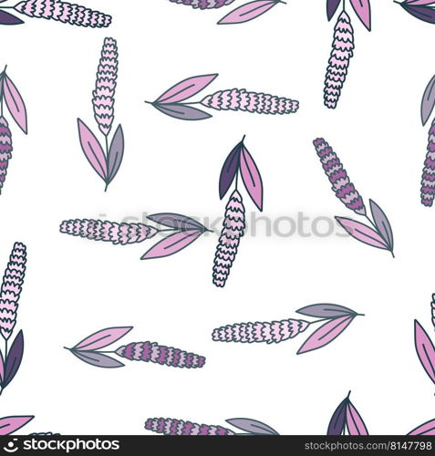 Lavender flower seamless pattern. Creative floral wallpaper. Simple cute plants endless backdrop. Design for fabric, textile print, wrapping paper, cover. Doodle vector illustration. Lavender flower seamless pattern. Creative floral wallpaper. Simple cute plants endless backdrop.