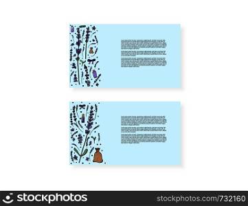 Lavender in doodle style set templates of cards. Flowers elements isolated on backgrounds with empty space for text. Vector illustration.