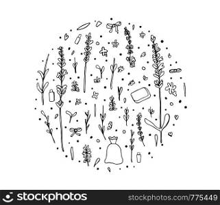 Lavender round composition in doodle style. Flowers elements circle sketch badge isolated on white background. Vector illustration.