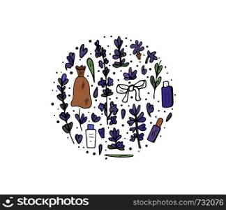 Lavender round set composition in doodle style. Circle concept of flowers and spa elements isolated on white background. Vector illustration.