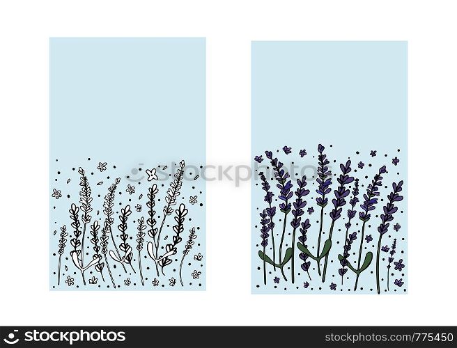 Lavender set of banners in doodle style. Backgrounds with flowers elements. Vector illustration.