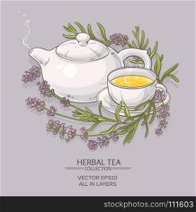 lavender tea background. cup of lavender tea and teapot on color background