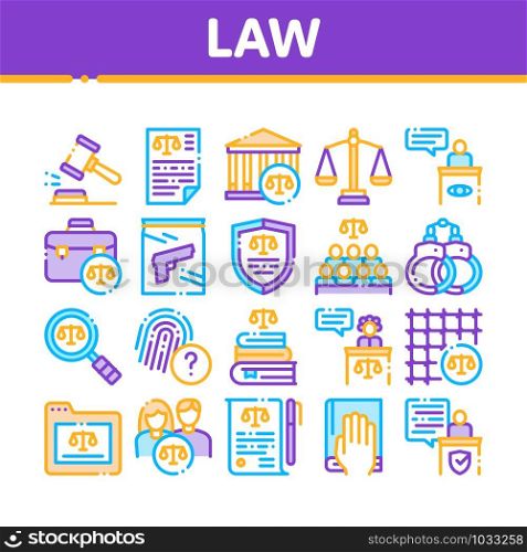Law And Judgement Collection Icons Set Vector Thin Line. Courthouse And Judge, Gun And Magnifier, Fingerprint And Suitcase, Law Document Concept Linear Pictograms. Monochrome Contour Illustrations. Law And Judgement Collection Icons Set Vector