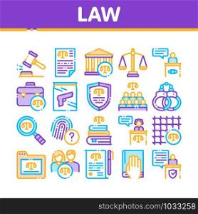 Law And Judgement Collection Icons Set Vector Thin Line. Courthouse And Judge, Gun And Magnifier, Fingerprint And Suitcase, Law Document Concept Linear Pictograms. Monochrome Contour Illustrations. Law And Judgement Collection Icons Set Vector