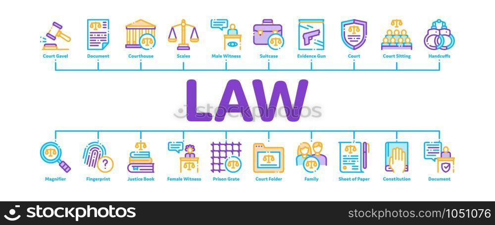 Law And Judgement Minimal Infographic Web Banner Vector. Courthouse And Judge, Gun And Magnifier, Fingerprint And Suitcase, Law Document Concept Linear Pictograms. Color Contour Illustrations. Law And Judgement Minimal Infographic Banner Vector