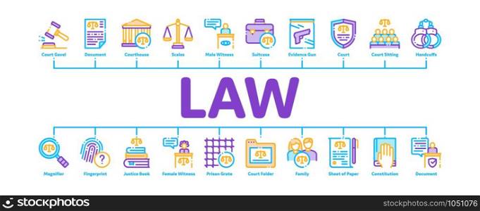 Law And Judgement Minimal Infographic Web Banner Vector. Courthouse And Judge, Gun And Magnifier, Fingerprint And Suitcase, Law Document Concept Linear Pictograms. Color Contour Illustrations. Law And Judgement Minimal Infographic Banner Vector