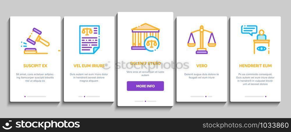 Law And Judgement Onboarding Mobile App Page Screen Vector Thin Line. Courthouse And Judge, Gun And Magnifier, Fingerprint And Suitcase, Law Document Concept Linear Pictograms. Illustrations. Law And Judgement Onboarding Icons Set Vector