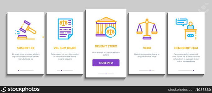 Law And Judgement Onboarding Mobile App Page Screen Vector Thin Line. Courthouse And Judge, Gun And Magnifier, Fingerprint And Suitcase, Law Document Concept Linear Pictograms. Illustrations. Law And Judgement Onboarding Icons Set Vector