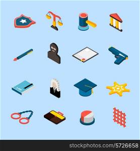 Law and judgment icons isometric set with jury attorney handcuffs isolated vector illustration