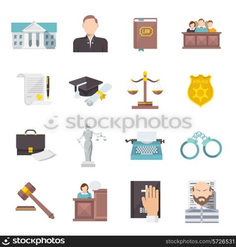 Law and judgment legal justice icon flat set isolated vector illustration