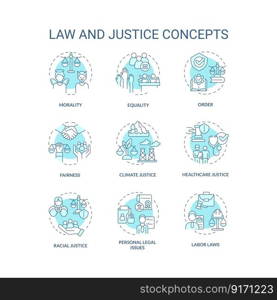 Law and justice blue concept icons set. Equity and fairness. Human rights protection idea thin line color illustrations. Isolated symbols. Editable stroke. Roboto-Medium, Myriad Pro-Bold fonts used. Law and justice blue concept icons set