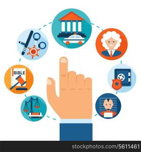 Law and justice business concept with hand selecting jail criminal courthouse certificate icons vector illustration
