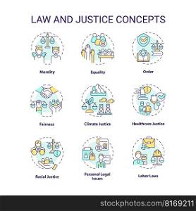 Law and justice concept icons set. Equity and fairness. Human rights protection idea thin line color illustrations. Isolated symbols. Editable stroke. Roboto-Medium, Myriad Pro-Bold fonts used. Law and justice concept icons set