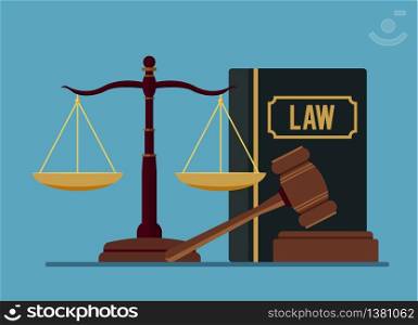 Law and justice concept isolated on blue background. Scales of justice, gavel and books. Vector stock