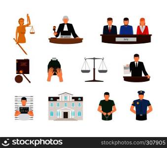 Law and Justice, court and punishment flat icons. Law and Justice flat icons