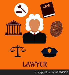 Law and justice flat icons surrounding a lawyer with a courthouse, law book, fingerprint, police cap, scales and gavel on yellow. Lawyer profession concept. Law and justice flat icons