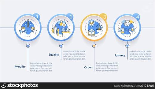 Law and justice ideas blue circle infographic template. Data visualization with 4 steps. Editable timeline info chart. Workflow layout with line icons. Lato-Bold, Regular fonts used. Law and justice ideas blue circle infographic template