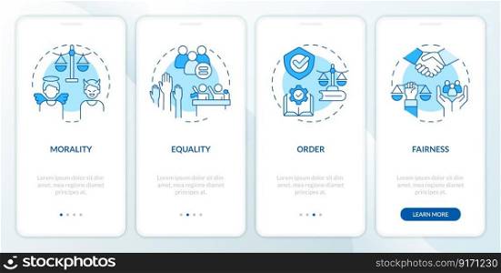 Law and justice ideas blue onboarding mobile app screen. Walkthrough 4 steps editable graphic instructions with linear concepts. UI, UX, GUI template. Myriad Pro-Bold, Regular fonts used. Law and justice ideas blue onboarding mobile app screen