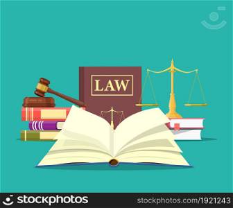 Law and justice set icon, Scales of justice, gavel and books, Conceptual justice and law. Vector illustration in flat design. Law and justice set icon,